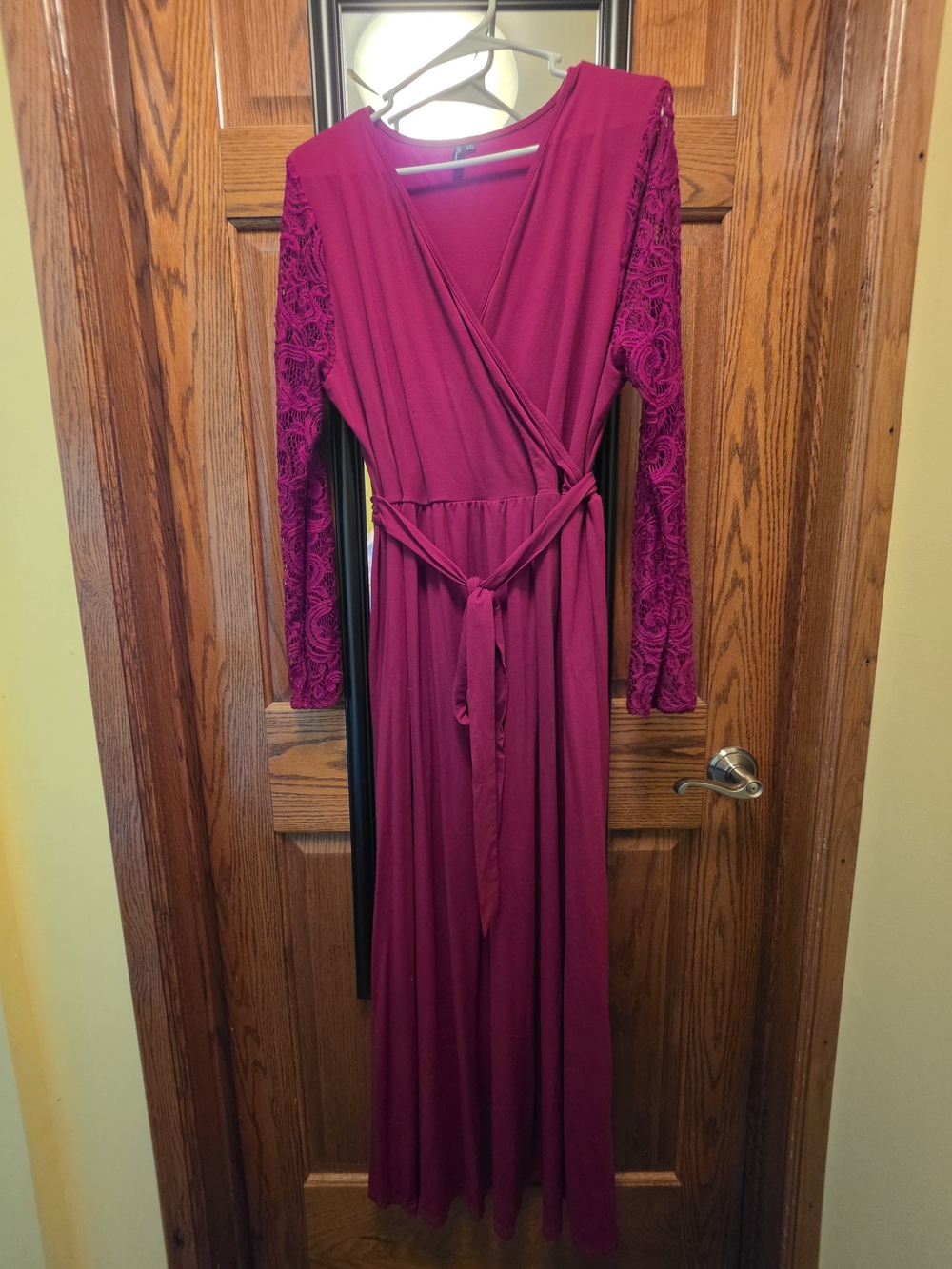 Women’s Fuchsia Wrap Maxi Dress with Lace Sleeves